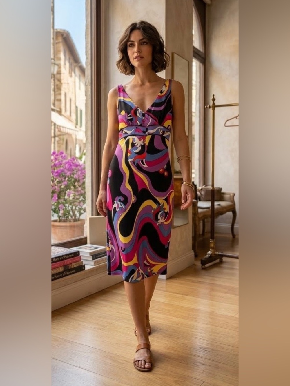 Jones New York Multicolor Swirl Midi Dress - Black, Purple, Yellow
